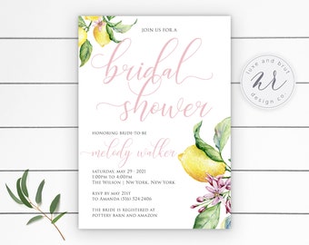 Lemon Bridal Shower Invitation, Blush and Lemons with Greenery, Watercolor, Digital, DIY, Printable