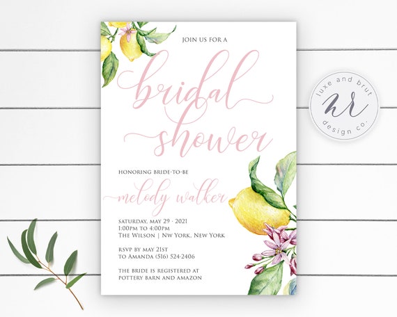 Lemon Bridal Shower Invitation, Blush and Lemons with Greenery, Watercolor, Digital, DIY, Printable