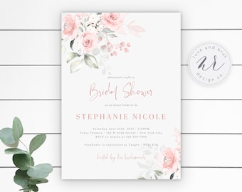 May include: A pink and green floral bridal shower invitation with the text "please join us for a Bridal Shower as we honor bride-to-be STEPHANIE NICOLE" and details for the event.