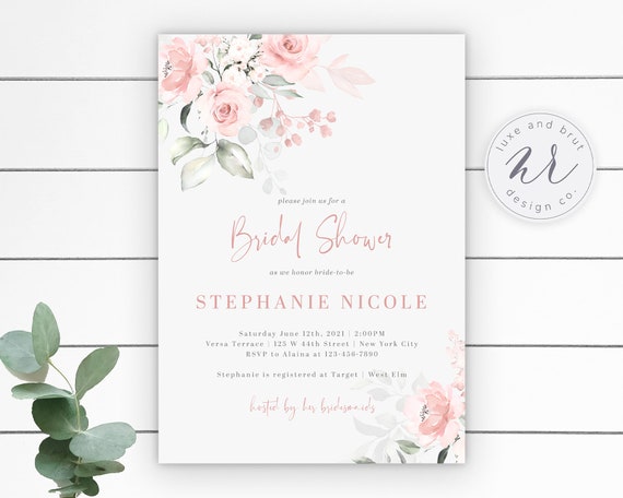 Watercolor Blush Rose Floral Bridal Shower Invitation, Editable File