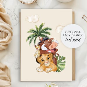 May include: A printable card featuring Simba, Pumbaa, and Timon from Disney's The Lion King. The characters are surrounded by tropical leaves and a palm tree. The text "OPTIONAL BACK DESIGN included" is in a circle on the right side of the card.