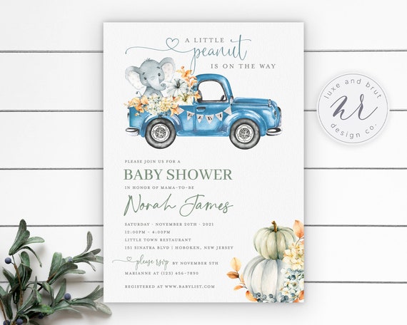 A Little Peanut Is On The Way, Baby Shower Invitation, Baby Shower, Blue Truck, Fall, Pumpkins, Instant Download, Edit Yourself