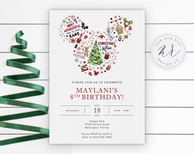 Christmas Mickey Watercolor Birthday Invitation, Characters, Edit Yourself with Corjl