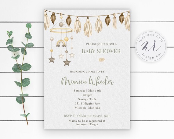 Bohemian Baby Shower Invitation, Muted Watercolor Rainbow Baby Mobile and Greenery, Editable, Instant Download, Edit Yourself with Corjl