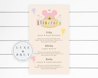 Magical Party Itinerary, Disneyland WDW, Edit Yourself in Corjl