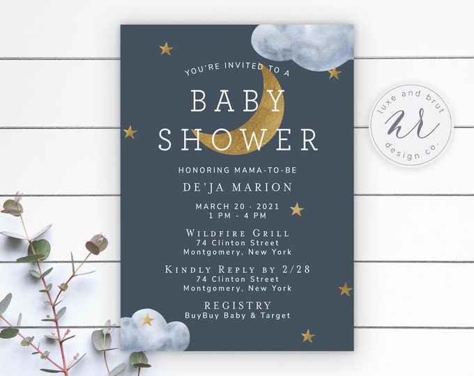 Moon, Stars + Clouds at Night Baby Shower Invitation, Watercolor, DIY, Editable, Digital Download, Gender Neutral