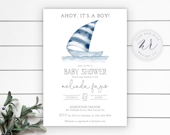 May include: Ahoy, it's a boy! Baby shower invitation with a watercolor illustration of a blue and white striped sailboat. The invitation includes the date, time, and location of the shower, as well as the name of the mother-to-be, Melinda Fagio.