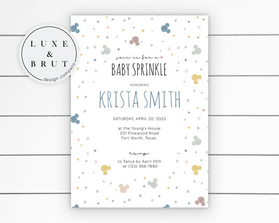Mickey Baby Sprinkle Shower Party Invitation, Watercolor Sprinkles, Instant Download, Edit Yourself with Corjl