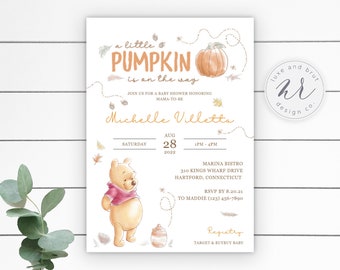 May include: A baby shower invitation with a Winnie the Pooh illustration, a pumpkin, and the text "a little pumpkin is on the way". The invitation is for Michelle Villetta and is set for August 28, 2022, from 1 PM to 4 PM at Marina Bistro.