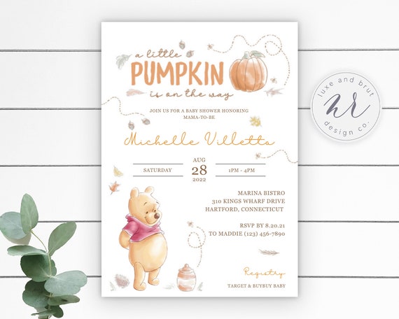 A Little Pumpkin Is On The Way Winnie the Pooh Baby Shower Invitation, Instant Download, Edit Yourself with Corjl