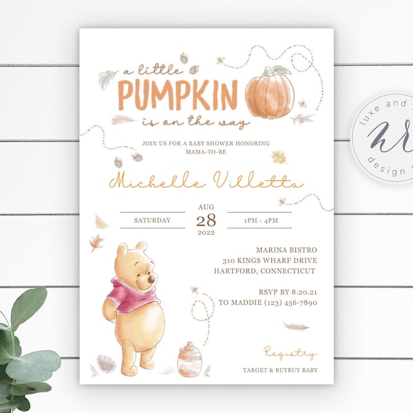 A Little Pumpkin Is On The Way Winnie the Pooh Baby Shower Invitation, Instant Download, Edit Yourself with Corjl