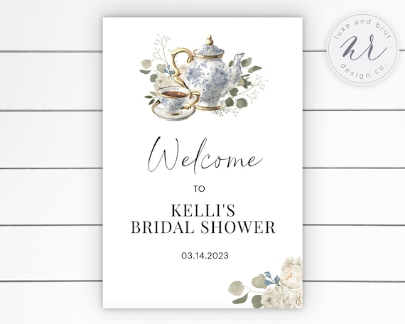 English Tea Party Bridal Shower Matching Welcome Sign, Vintage Blue Paisley Pattern, Instant Download, Edit Yourself with Corjl