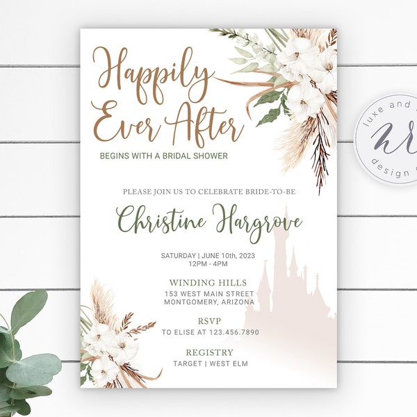 Boho Chic Happily Ever After Fairytale Bridal Shower Invitation, DIY, Edit Yourself with Corjl