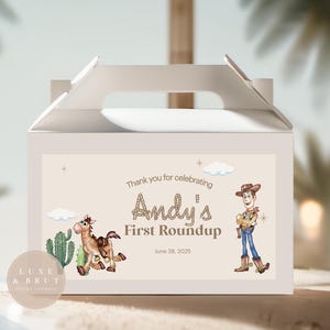 Etiquetas adesivas para caixa de lembrancinhas da festa Woody's First Roundup, download instantâneo, edite você mesmo com Corjl