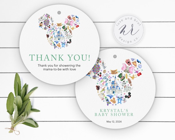 Mickey Watercolor Baby Shower Favor Thank You Tags or Stickers, Circle, Disneyland, Instant Download, Edit Yourself