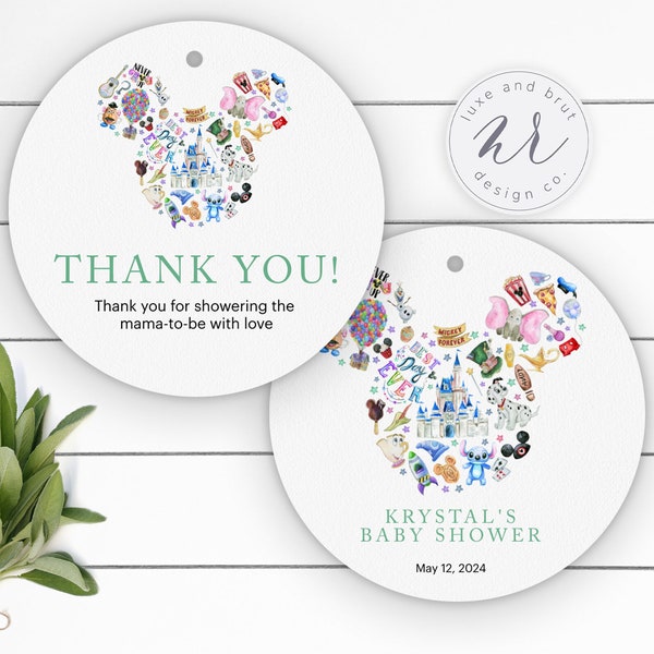 Mickey Watercolor Baby Shower Favor Thank You Tags or Stickers, Circle, Disneyland, Instant Download, Edit Yourself