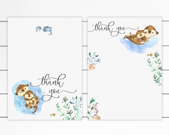 Otter Family Baby Shower Invitation Matching Thank You Card, Instant Download