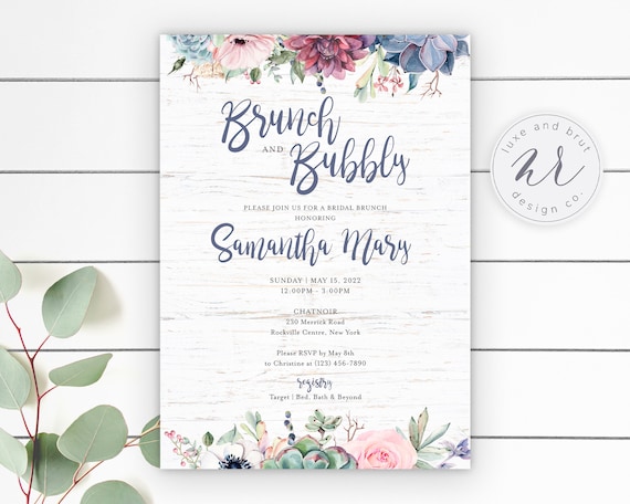 Brunch & Bubbly Bridal Shower Invitation, Rustic, Floral, Birch Wood, Watercolor, Digital Download