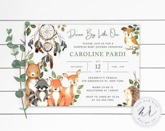 Watercolor Forest Woodland Animals Baby Shower Invitation, Natural, Dreamcatcher, Customizable, Digital