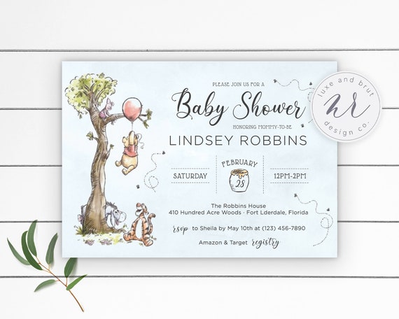 Winnie The Pooh Baby Shower Invitation, Classic Winnie The Pooh Characters, Honey Pot, Custom, Digital File, DIY, Made To Order