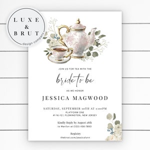 English Tea Party Bridal Shower Invitation, Blush Pink, Instant Digital Download, Edit Yourself In Corjl