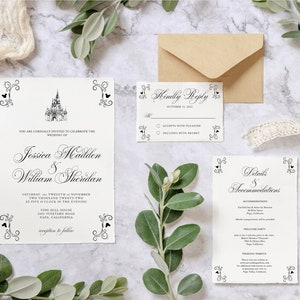 May include: A white wedding invitation with black text and a black and white illustration of Cinderella's castle. The invitation includes the names Jessica Madden and William Sheridan, the date Saturday, the twelfth of November, two thousand twenty-two, and the time five o'clock in the evening. The invitation also includes the location Vine Hill House, 2941 Vineyard Road, Napa, California. The invitation also includes a RSVP card with the text "Kindly Reply" and the date October 15, 2022. The RSVP card includes two options: "Accepts with Pleasure" and "Declines with Regret". The invitation also includes a details and accommodations card with the text "Details & Accommodations".