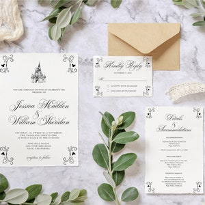 Classic Modern Mickey and Castle Wedding Invitation Suite, Hand Sketched Details and RSVP Card, Edit Yourself, Instant Download