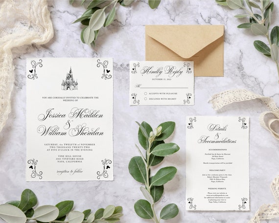 Classic Modern Mickey and Castle Wedding Invitation Suite, Hand Sketched Details and RSVP Card, Edit Yourself, Instant Download