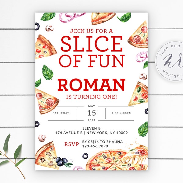 A Slice of Fun Pizza Party Birthday Invitation, Kids Birthday Party, Edit Yourself in Corjl, Instant Download