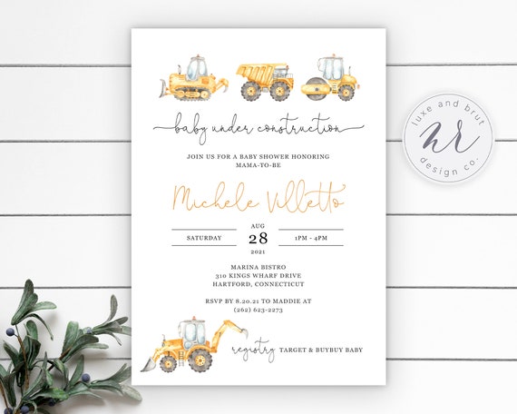 Baby Under Construction Baby Shower Invitation, Watercolor Construction Trucks, Boy, Customizable, Instant Download, Edit Yourself