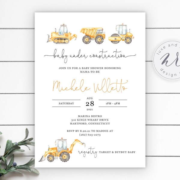 Baby Under Construction Baby Shower Invitation, Watercolor Construction Trucks, Boy, Customizable, Instant Download, Edit Yourself