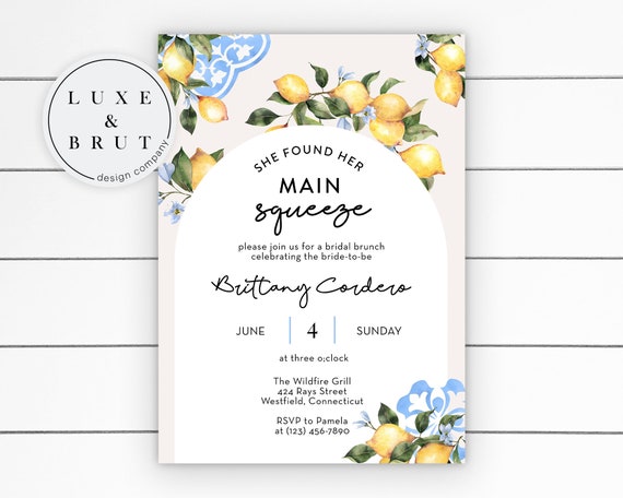 Tuscan Lemon Bridal Shower Invitation, She Found Her Main Squeeze, Italian, Mediterranean, Edit Yourself in Corjl