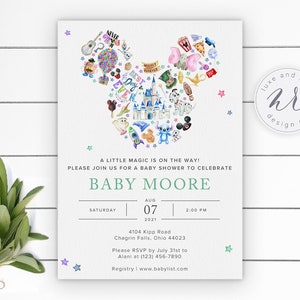 Mickey Baby Shower Invitation, Never Grow Up Watercolor, Magic Kingdom, Editable Template