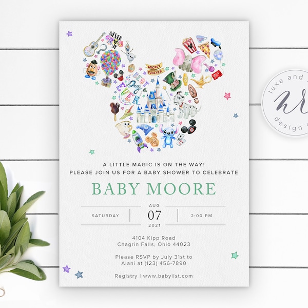 Mickey Baby Shower Invitation, Never Grow Up Watercolor, Magic Kingdom, Editable Template