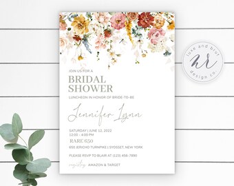 Springtime Floral Bridal Shower Invitation, Editable File