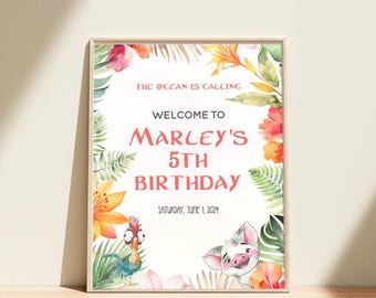 The Ocean Is Calling, Moana, Birthday Party Welcome Sign, Edit Yourself in Corjl