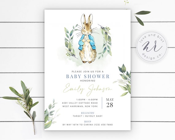 Peter Rabbit Baby Shower Invitation, Watercolor Greenery, Gender Neutral, Children's Story Books, Mama-To-Be, DIY, Edit Yourself