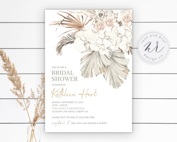 Pampas Grass Boho Bridal Shower Invitation, Bohemian Bridal Shower, Boho Tropical Desert, Digital File, DIY