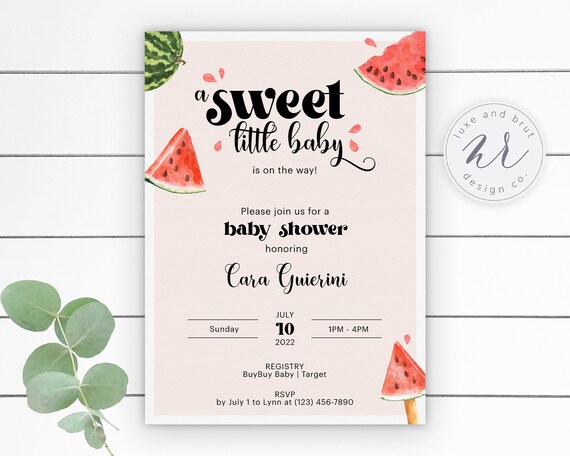 A Sweet Little Baby Is On The Way, Watercolor Watermelon Baby Shower Invitation Editable, Instant Download, Edit Yourself with Corjl