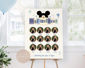Letrero de primer año de Mickey azul: hito del cumpleaños del niño (editar en Corjl)