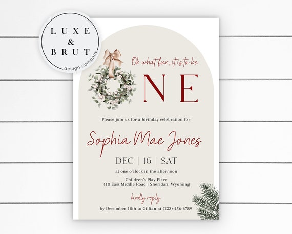 Oh What Fun It Is To Be One, First Birthday Party Invitation, Neutral Christmas, DIY Edit Yourself in Corjl