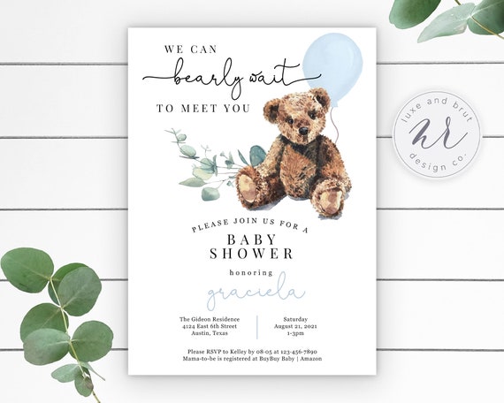 We Can Bear-ly Wait To Meet You Baby Shower Invitation, Watercolor, Little Bear, Digital Download, Customizable