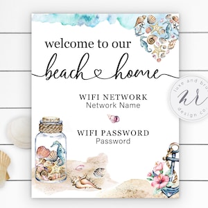 Beach Home Wifi Password Sign: Watercolor Seashells (Edit on Corjl)