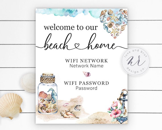 Welcome To Our Beach Home Wifi Password Sign, Home Sweet Home, Watercolor, Sea, Edit Yourself on Corjl