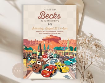 May include: A birthday invitation for a child turning five years old. The invitation features a cartoon illustration of a red race car and other cars in a desert landscape. The text on the invitation reads "Race on Over Becks is Turning Five Saturday, August 23 | 1-4pm 1196 Route 66 Radiator Springs, Colorado RSVP to Kiersten at (123) 456-7890".