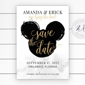 Convite de reserva de data em aquarela do Mickey, cartão postal de casamento mágico, arquivo editável