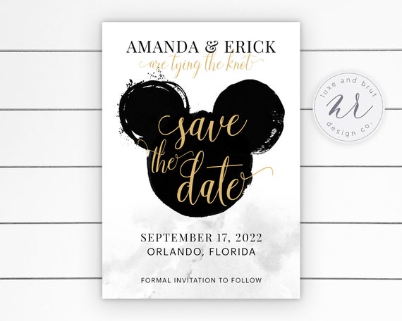 Mickey Watercolor Save the Date Invitation, Magical Wedding Postcard, Editable File