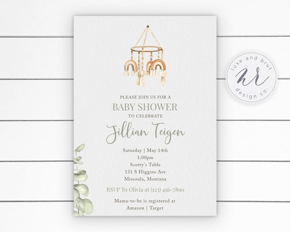 Boho Baby Shower Invitation, Watercolor Rainbow Baby Mobile and Greenery, Editable, DIY, Instant Download, Edit Yourself with Corjl