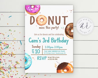 Donut Miss This Birthday Party Invitation, Watercolor, Hand-painted, Doughnut Birthday, Kids Birthday, Edit Yourself