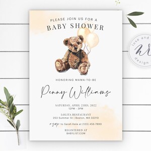 Invito per baby shower a tema orsetto, invito unisex, acquerello giallo